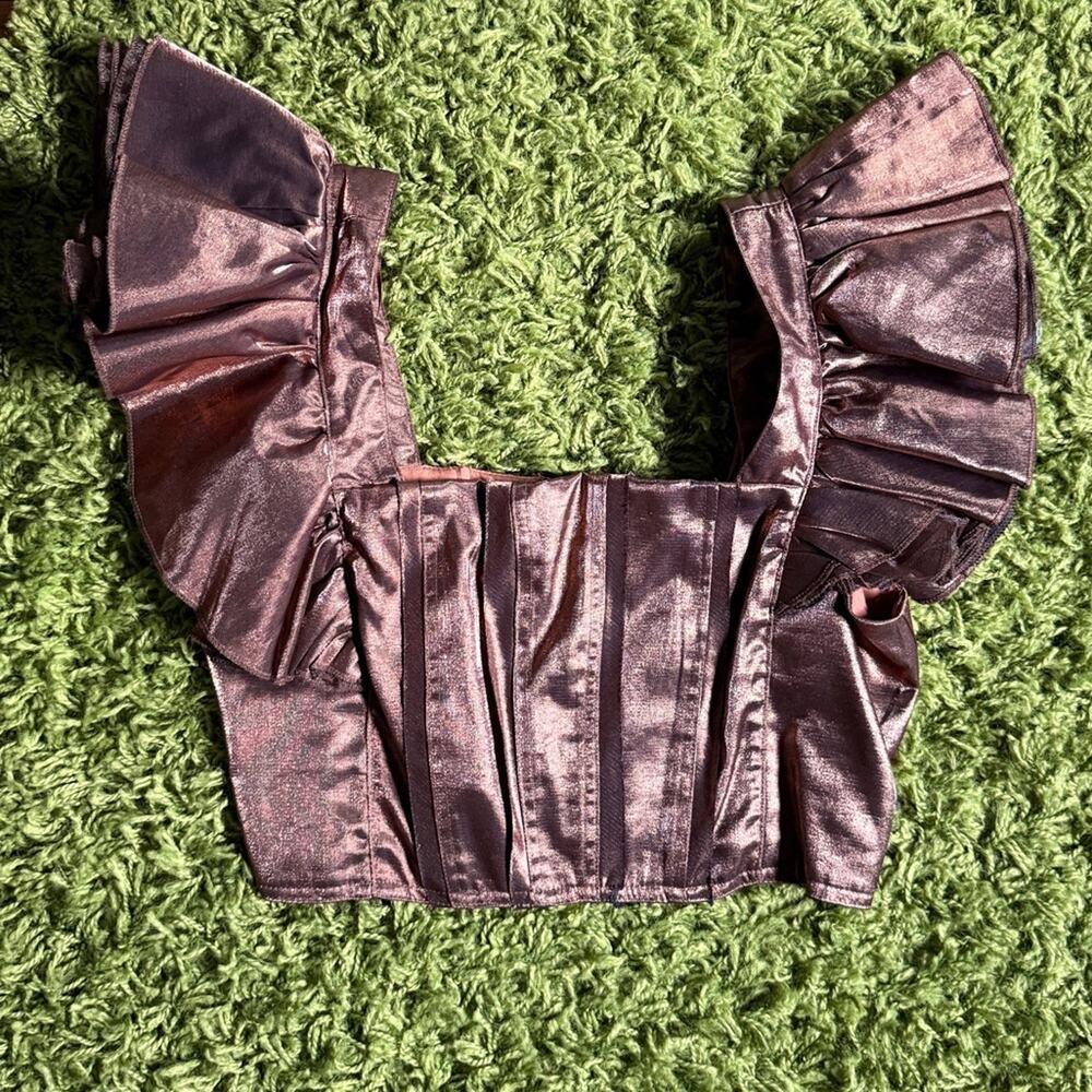 Sofie the Label Bronze Metallic Corset Top |Boned Satin Bustier Ruffle Sleeve |M